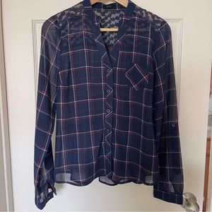 Sheer Blue Plaid Button Down Blouse w/ Floral Detailing on Back